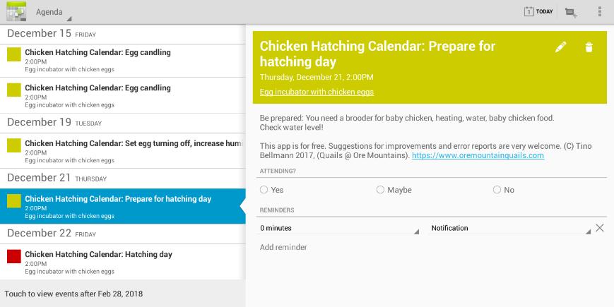 Chicken Incubation Calendar