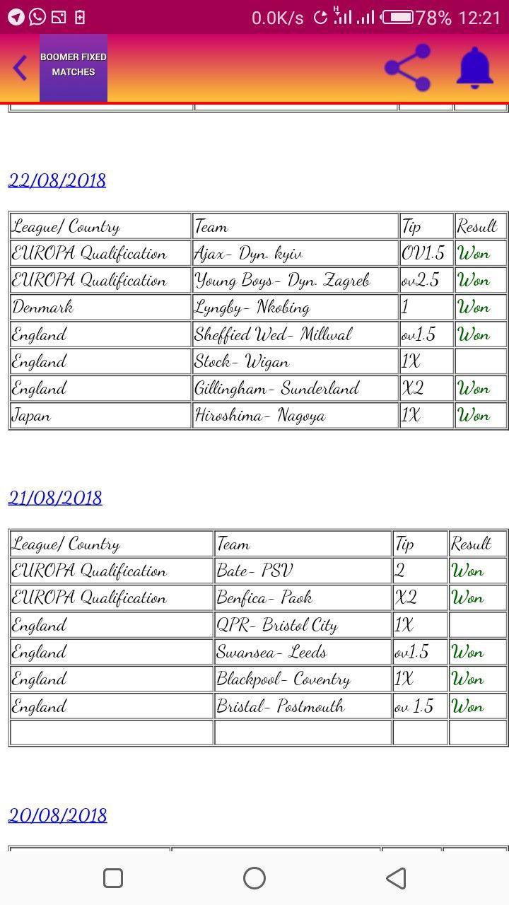 BOOMER FIXED MATCHES