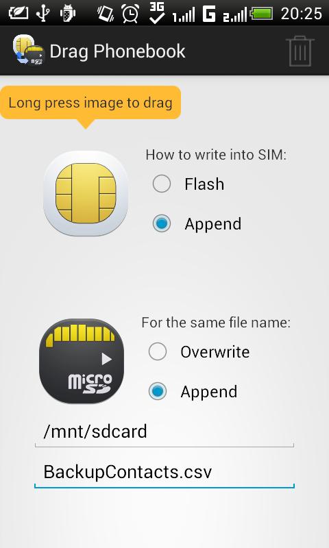 Drag Contacts (SIM Backup)